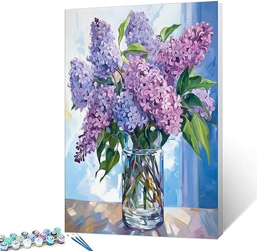 Tucocoo Paint by Number Blue Lilac in a Glass Vase Flowers DIY Painting On Canvas with Brushes Acrylic Paints Graffiti Paint by Numbers for Adults Kids Students Beginner 16x20 Inch（Without Frame） - Image 2