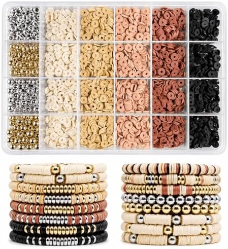 Believo Polymer Clay Beads Kit for Jewelry Crafting with Elastic Cord – Flat Heishi Beads & Spacer Pieces for Bracelets & Necklaces (Black & Coffee) by Unknown