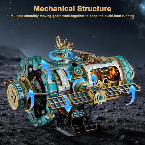 Mechanical 3D Wooden Puzzles for Adults, Space Station DIY Rotating Miniature House Kit with LED Lights & Music, 511PCS DIY Moving Building Model Craft Kit, Creative Home Decor Birthday Gift - Image 4