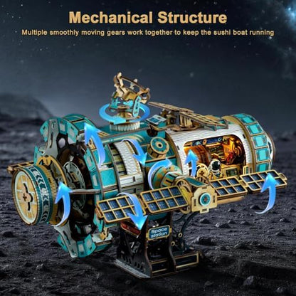 Mechanical 3D Wooden Puzzles for Adults, Space Station DIY Rotating Miniature House Kit with LED Lights & Music, 511PCS DIY Moving Building Model Craft Kit, Creative Home Decor Birthday Gift - Image 4