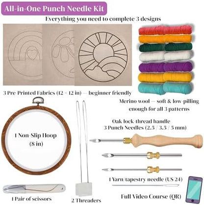 Zyrose Punch Needle Kit for Beginners & Adults, Printed Fabric, 8" Non-Slip Hoop, 3 Interchangeable Needles, Premium Merino Yarn – Complete Starter Set – Joyful Days - Image 2