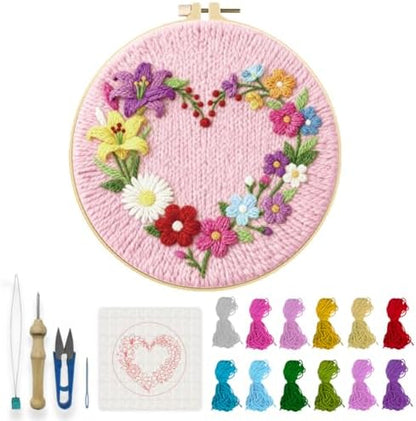 INFUNLY Punch Needle Kit for Beginners Adults Heart Floral Punch Needle Kits with Fabrics Floss Instruction Flower Wreath Needlepoint Embroidery Kits for Craft Lovers and Home Decor by INFUNLY