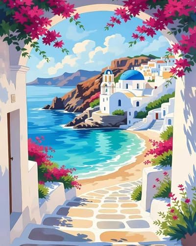 Mrnsiet Paint by Number for Adults Beginners, Easy Seaside Town Paint by Numbers Kits on Canvas, DIY Coastal City Oil Painting Kits Adults' Paint-by-Number Kits for Home Wall Decor 16x20 Inch by Mrnsiet