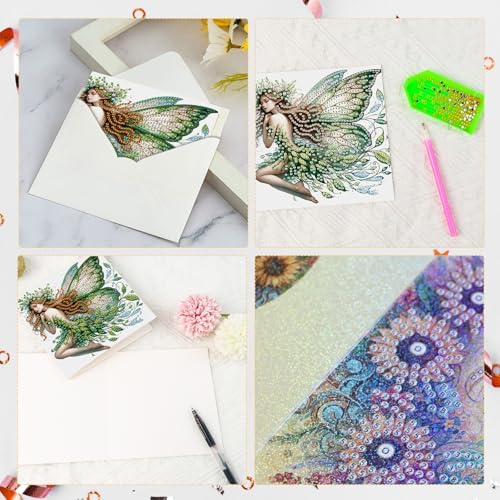 Focart 6 Pack Diamond Painting Greeting Cards Kit of Green Butterfly Fairy - Image 4