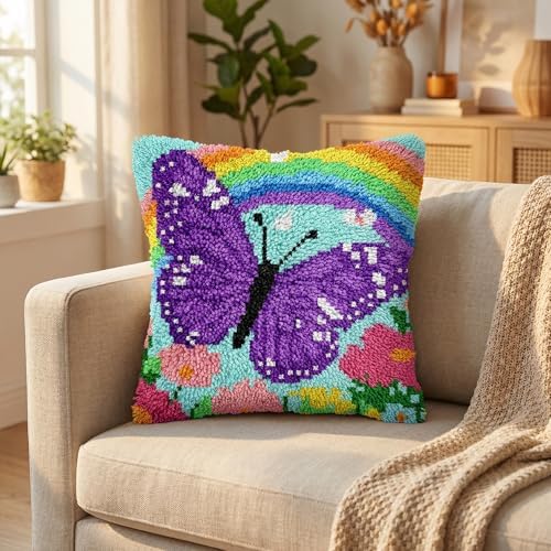 DIY Latch Hook Kit,17''x17'' Butterfly Rainbow Throw Pillow Case Craft Set Handmade Gift for Adults Beginners,Complete Pre-Printed Latch Hook Rug Kits Cross Stitch Pillow Cover for Home Sofa Decor - Image 5