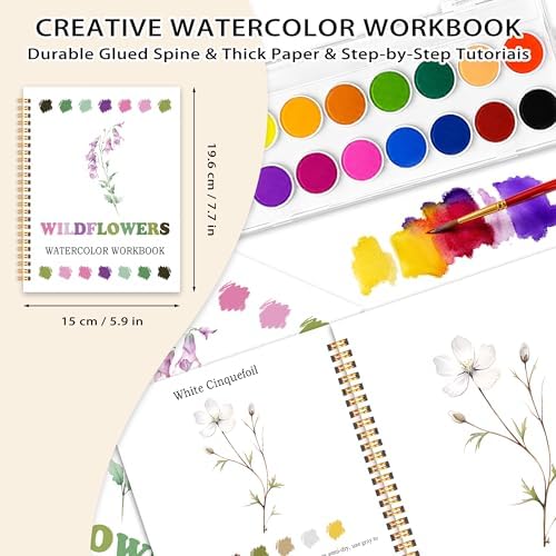 Easy Wildflowers Watercolor Workbook for Beginners, Water Coloring Book, 18 Colors Watercolors Paint Set, 12 Patterns Watercolor Kit, Stress Relief Gifts for Women Adults Teen - Image 2