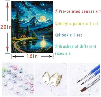 Lovepefe Mountain Paint By Numbers Kit for Adults Lakeside Cabin Adult Paint By Number Kits On Canvas Moon Night Oil Painting Kit for Beginners Adults Kits for Gift Home Wall Decor 16x20 Inch - Image 5