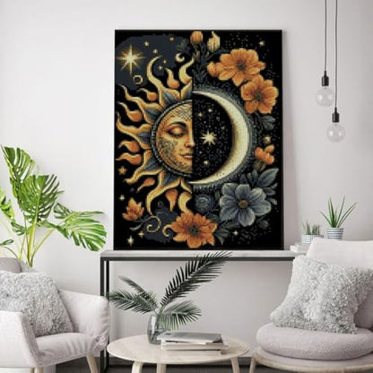 MYBISYMQQ Stamping Cross Stitch Kit Sun and Moon, Round Counting Cross Stitch Kit for Adult Beginners, Full Line DIY Cross Stitch Stitching Kit for Home Decor Cross Stitch Patterns 11.8x15.7inches - Image 6