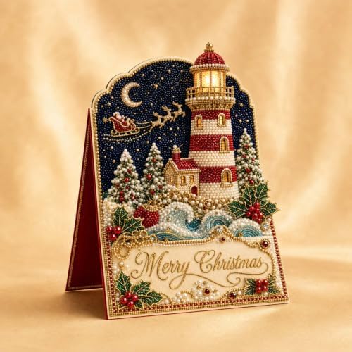 Christmas Diamond Art Greeting Cards Kit for Adults, 6 Pcs DIY Diamond Painting Christmas Cards with Envelopes, 3D Pearl Rhinestone Lighthouse Card Making Craft, Handmade Holiday Gifts - Image 6