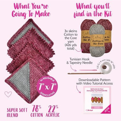 Tunisian Crochet Dishcloth Kit for Beginners - Cherry Red + Elephant Gray - Image 3