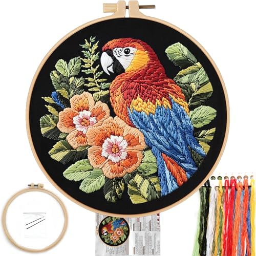 FONNUY Embroidery Kit for Beginners, Birds with Flowers Pre-Stamped Pattern Kits for Adults with Hoop, Easy to Follow Color Thread Needlework, 8'' Hoop (Red Parrot) by FONNUY