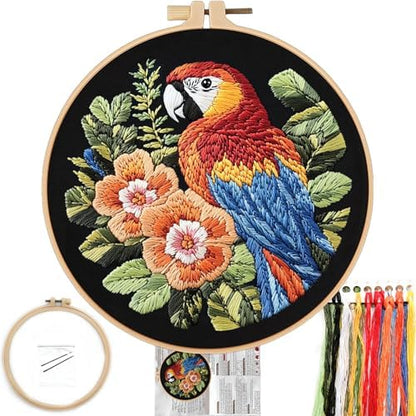 FONNUY Embroidery Kit for Beginners, Birds with Flowers Pre-Stamped Pattern Kits for Adults with Hoop, Easy to Follow Color Thread Needlework, 8'' Hoop (Red Parrot) by FONNUY