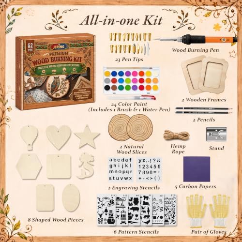 JJRING Wood Burning Kit - 62PCS Professional Wood Burning Tool With Adjustable Temperature Pyrography Pen, 24-Color Paint Set, Wood Slices & Stencils, Complete Wood burner Crafts Kit For Beginners - Image 2