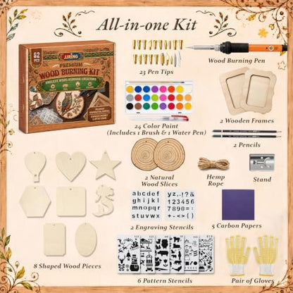 JJRING Wood Burning Kit - 62PCS Professional Wood Burning Tool With Adjustable Temperature Pyrography Pen, 24-Color Paint Set, Wood Slices & Stencils, Complete Wood burner Crafts Kit For Beginners - Image 2