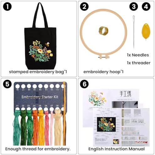 CREAWONDER Canvas Tote Bag Embroidery Kit with Pattern for Beginners, Arts and DIY Embroidery Crafts Kits for Adults, Include Instructions, Embroidery Hoops, Color Threads and Tool - Image 4
