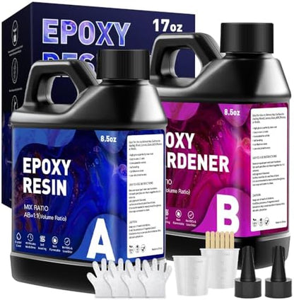Epoxy Resin Kit 17OZ - No Yellowing & Less Bubble 2 Part Epoxy Resin for Beginners, 1:1 Ratio Art Resin for Wood Casting, Jewelry Making, Art Crafting & Countertop Coating (8.5OZ×2) by GRLELOU