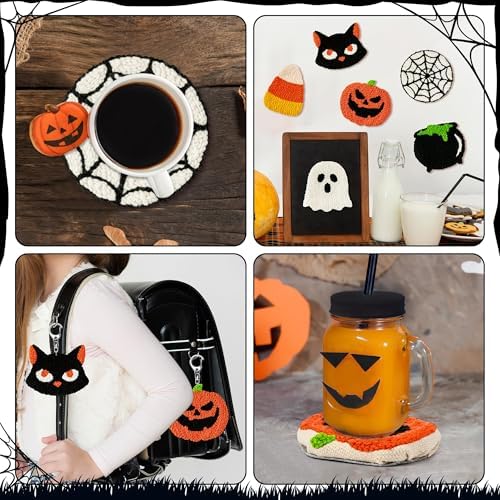 WATINC Halloween Punch Needle Coaster Kits - 23Pcs Easy Art Work Decor Craft Supply for Beginners, DIY Set of 6 Pattern Tufted Pads with Adhesive Felt Yarns Tools Coaster Holder Instruction (Orange) - Image 6