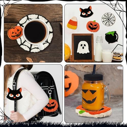 WATINC Halloween Punch Needle Coaster Kits - 23Pcs Easy Art Work Decor Craft Supply for Beginners, DIY Set of 6 Pattern Tufted Pads with Adhesive Felt Yarns Tools Coaster Holder Instruction (Orange) - Image 6
