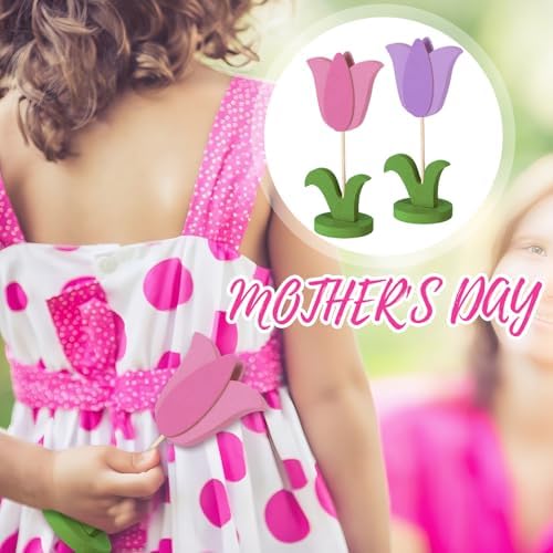 Bucherry 20 Pcs DIY Mother's Day Crafts Set 8 Pcs 3D Wooden Tulip to Paint Spring Wood Flowers Cutouts with Stand Unfinished Tulip Slices with 12 Colored Pens for Women Adult Crafts Art Table Decor - Image 6