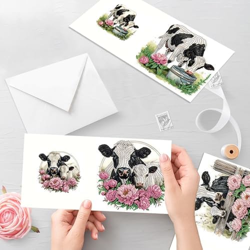 antor 6 Pack DIY Diamond Art Greeting Cards with Envelopes, Special Shaped Rhinestone Diamond Painting Card Kit, Cute Cow Animal Design for Adults Birthday Thank You Greeting - Image 6