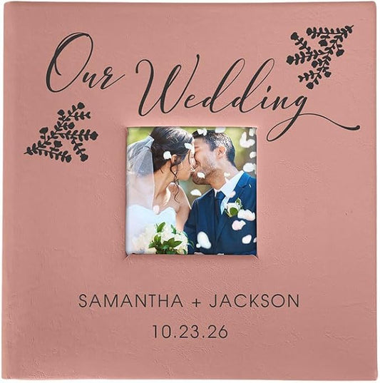 Personalized Wedding Photo Album, Custom Engraved Picture Album, Holds 200 4" x 6" Photos, Leatherette and Laser Engraved Scrapbook, Our Wedding, Pink