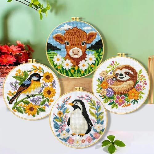 Zhenging Animal Cross Stitch Kit – 4 Pre-Printed Designs (Sloth, Bird, Penguin, Calf) with 11CT 9.45x9.45 Inch Fabric, Hoop, Scissors, Threader & Tools for Beginners & Adults - Image 2