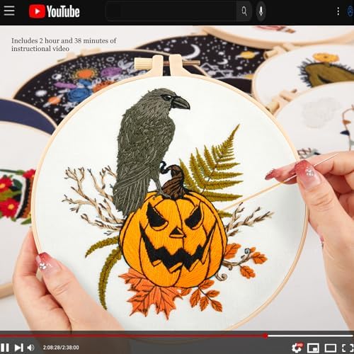 Crafmanoe Halloween Embroidery Starter Kits for Beginners Adults, Fall Pumpkin Stamped Cross Stitch Kits for Beginners Adults, Crow Gothic Embroidery Needlepoint Kits, Hoops, Fabric and Video Tutorial - Image 3