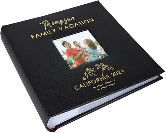 Personalized Photo Album, Custom Engraved Picture Album, Holds 200 4" x 6" Photos, Leatherette and Laser Engraved Scrapbook, Tropical Family Vacation with Palm Trees, Black