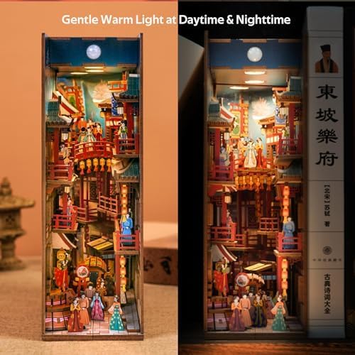 Tonecheer DIY Book Nook Kit for Adults, 3D Wooden Puzzle Bookend Bookshelf Insert Decor, Chinese Booknook Miniature House Kit with Body Motion Sensor LED Light (The Banquet of Tang Dynasty) - Image 2
