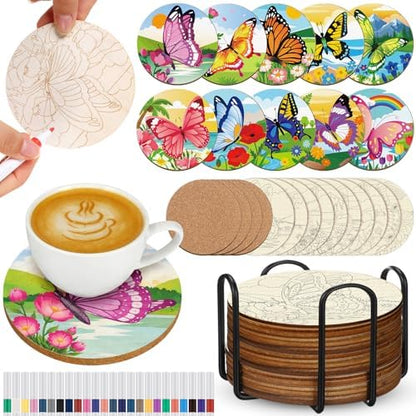 Reallnaive 45 Pcs Butterfly Wooden Coasters Painting Kit, 4 Inch Paint Your Own Boho Coasters with Markers, Mothers Day Arts and Crafts for Adults Women Seniors Elderly Crafters Gifts by Reallnaive