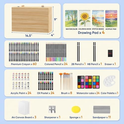 194 Piece Deluxe Art Set, Painting Drawing Art Supplies with 4 Drawing Pads, Acrylic Paints, Crayons, Colored Pencils Set in Wooden Case, Art Kit Gift Box for Kids, Teens, Adults, Artists, Beginners - Image 2