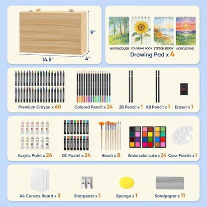 194 Piece Deluxe Art Set, Painting Drawing Art Supplies with 4 Drawing Pads, Acrylic Paints, Crayons, Colored Pencils Set in Wooden Case, Art Kit Gift Box for Kids, Teens, Adults, Artists, Beginners - Image 2