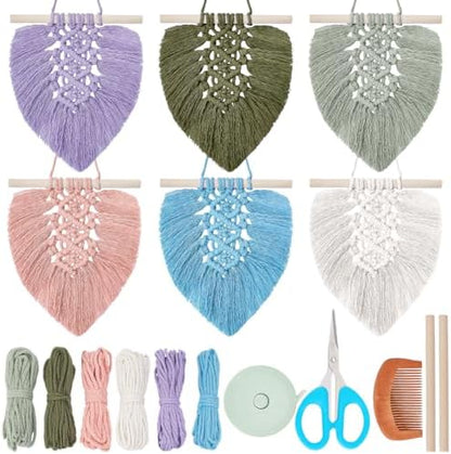 FREEBLOSS 6 Set DIY Macrame Leaf Wall Hanging Beginners Macrame Kit Leaf Woven Tapestry Feather Wall Hanging 6 Color DIY Macrame Kit for Adults Birthday Gift by FreeandCreativeCraftsArt