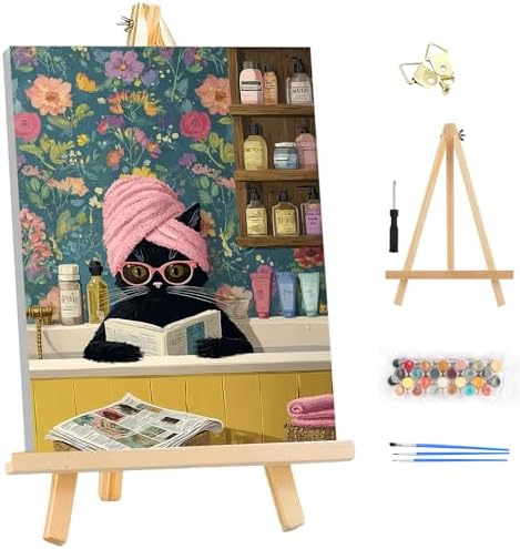 EOBROMD Framed Paint by Numbers Kits for Adults with Wooden Easel, Funny Cat DIY Paint by Numbers Kits for Beginner, Painting on Stretched Canvas, Oil Crafts Home Decor Gift 10x14 Inch by EOBROMD