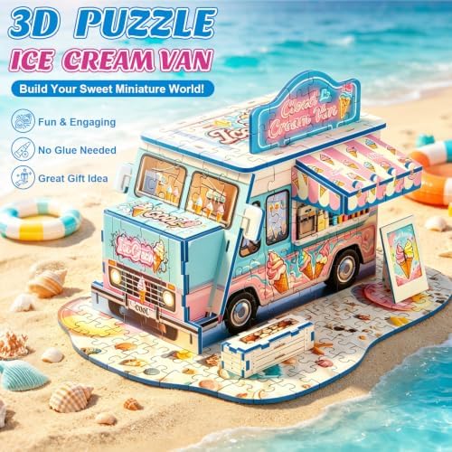 3D Puzzle for Adults, Ice Cream Van Miniature Model Kit with 277 Pieces, DIY Building Craft Kit, Colorful Summer Beach Decoration Display, Home Decor Gift for Teens Family & Friends - Image 2