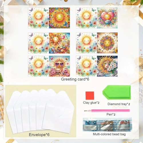 6pcs DIY Diamond Art Greeting Cards Kit with Envelopes&Tools - Create Your Own Sparkling Birthday, Thank You, Holiday Cards for Adults & Beginners(Sun) - Image 5