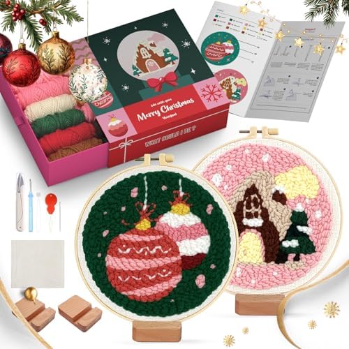 yuegool 2PCS Christmas Punch Needle Decoration Kit,Easy DIY Punch Needle Embroidery Kit for Beginners Adults Kids Including Patterns, Tools, Yarns, Hoop, Instruction, Bracket Art Craft Supplies by Unknown