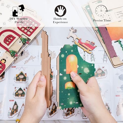 3D Puzzles for Adults, Christmas Snow House Wall Clock 3D Wooden Puzzles Clock Kits for DIY Birthday Gift for Women Men Home Decor Holiday Christmas - Image 5
