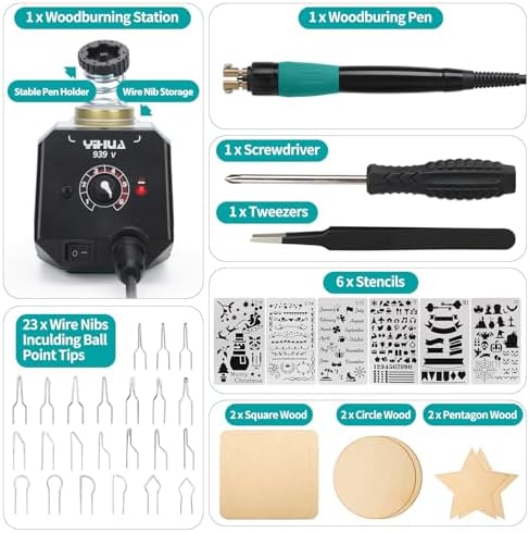YIHUA 939-V Wood Burning Pen Wood Burning Kit with 23 Wire Nibs, Detachable Wood Burning Pen, 6 Wood Pieces, 6 Stencils, Tweezers Used as Wood Burning Tool - Image 6