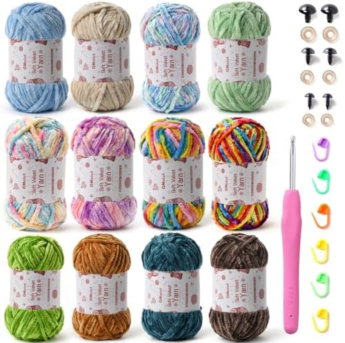 12 Pack Chenille Chunky Yarn - Baby Soft for Crocheting - White, Red, Pink, Yellow, Blue, Rainbow Velvet - Crochet Blanket, Amigurumi Pack With Accessories C by OMoiut