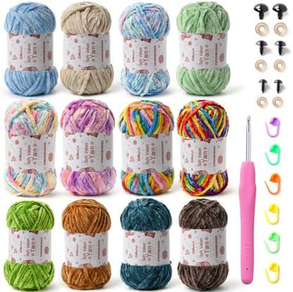 12 Pack Chenille Chunky Yarn - Baby Soft for Crocheting - White, Red, Pink, Yellow, Blue, Rainbow Velvet - Crochet Blanket, Amigurumi Pack With Accessories C by OMoiut
