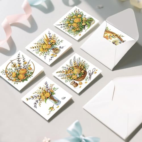 6pcs 5D DIY Diamond Painting Kit Greeting Card, Yellow Flower Diamond Handmade Greeting Card with Envelope, Holiday Gift Congratulations - Image 7