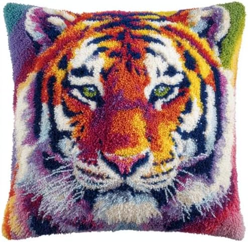 DIY Latch Hook Pillow Kit Colorful Tiger Portrait with Rainbow 43x43cm-3 by Unknown
