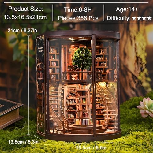 Book Nook Kits for Adults Fantasy 3D Puzzle Library Booknook Kit with Dust Cover Wisdom Book Repository Round Bookshelf Decor Wooden DIY Spiral Staircase Miniature Dollhouse Book House - Image 6