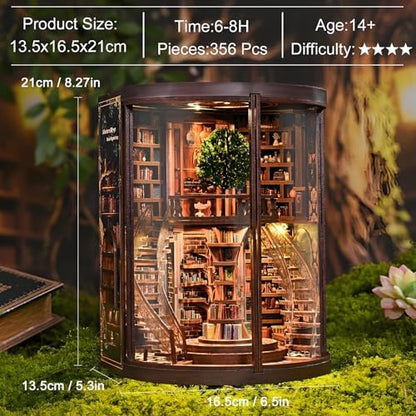 Book Nook Kits for Adults Fantasy 3D Puzzle Library Booknook Kit with Dust Cover Wisdom Book Repository Round Bookshelf Decor Wooden DIY Spiral Staircase Miniature Dollhouse Book House - Image 6