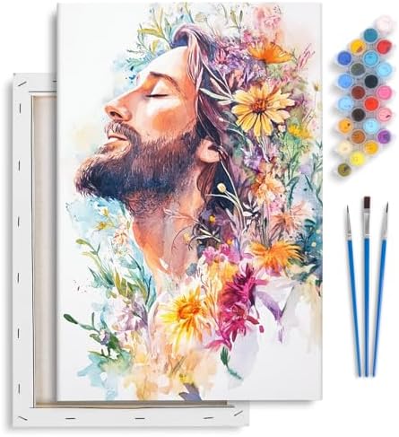 Yezavesu Framed Paint by Numbers Kit for Adults Beginner & Kids Ages 8-12, Jesus Paint by Numbers with Frame, DIY Number Painting for Adults Colorful Flowers for Home Wall Decor Gift 8X 12 inch by Yezavesu