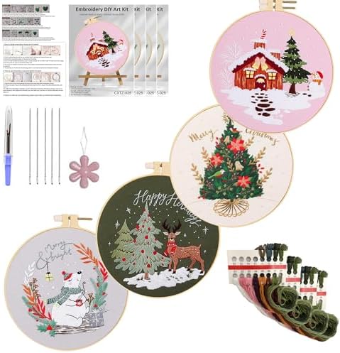 Huacan Embroidery Kits for Adults Beginner 4 Pcs Stamped Christmas Tree Pattern Stitching DIY Sewing Kit 7.9 x 7.9 Inch by Home
