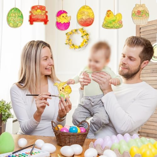 80PCS Wooden Easter Ornaments to Paint, 10 Styles DIY Blank Unfinished Wood Egg Cutouts Ornament for Crafts Hanging Decorations Happy Easter Hallow Egg Rabbit Bunny Butterfly Flower Hen - Image 3