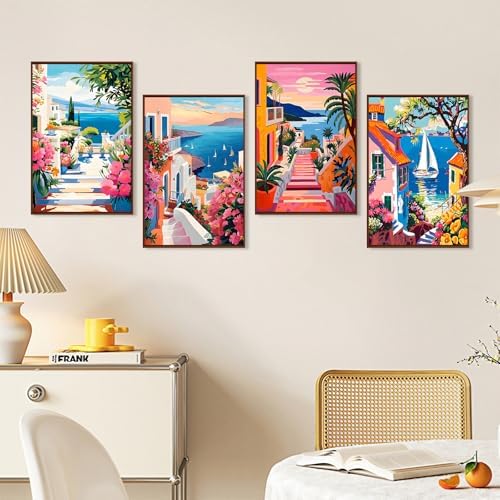 4 Pack Paint by Numbers Kit for Adults with Frame, Seaside Town Landscape - Image 3