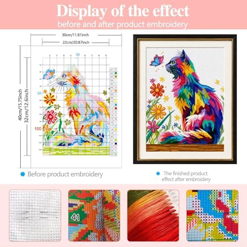 Zhenqing Playful Cat & Butterfly Cross Stitch Kit for Beginners - 11CT Printed 30x40cm Aida Cloth, Colorful Threads & Needle Included (No Hoop/Scissors) (66988) - Image 3